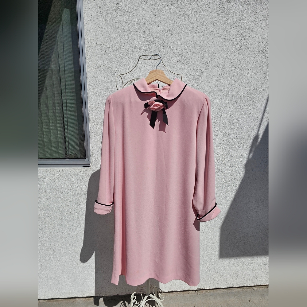 Evan Picone Pink Long-Sleeve Shift Dress with Black Trim & Bow